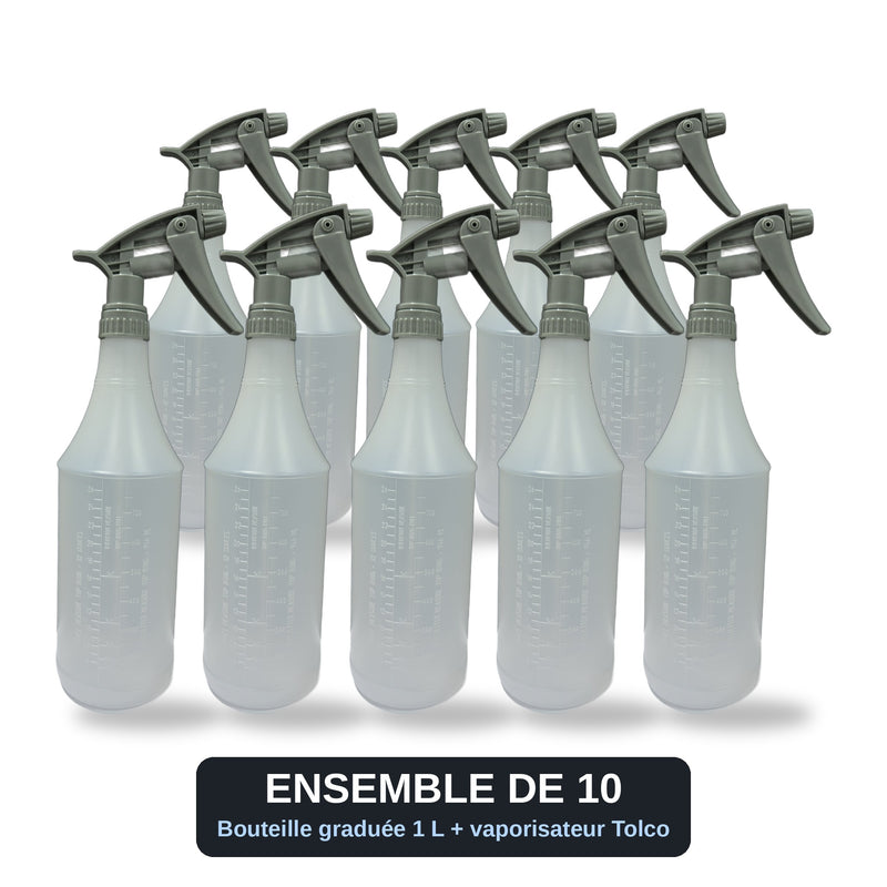 Bouteille graduée vide 1 L avec vaporisateur Tolco résistant aux produits chimiques
